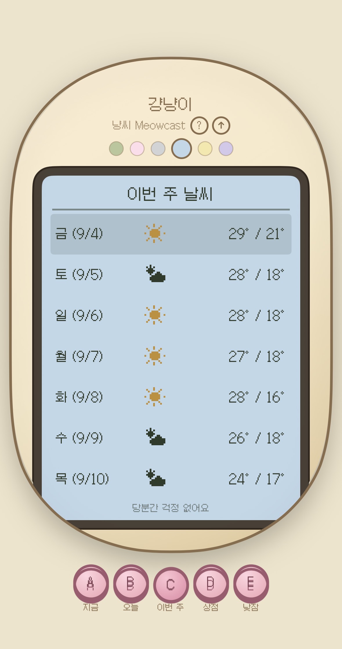 냥씨 — 이번 주 7일치 도트 날씨 예보 화면
