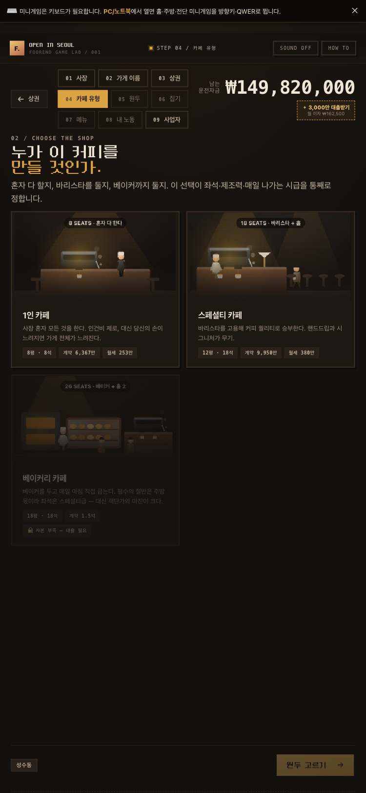 STEP 04 카페 유형 — 혼자/바리스타/베이커 유형과 좌석·평수 비교